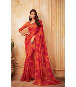 Red Georgette Printed and Fancy Lace Border Designer Saree