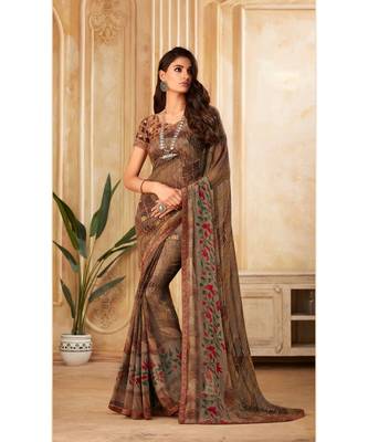 Brown Georgette Printed and Fancy Lace Border Designer Saree 1