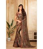 Brown Georgette Printed and Fancy Lace Border Designer Saree