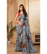 Grey Georgette Printed and Fancy Lace Border Designer Saree