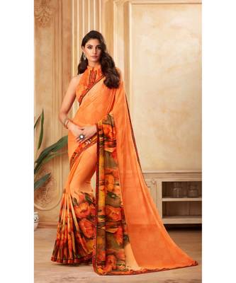 Orange Georgette Printed and Fancy Lace Border Designer Saree 1