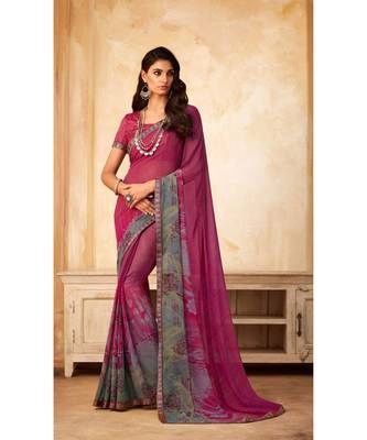 Pink Georgette Printed and Fancy Lace Border Designer Saree 1