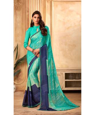 Turqouise Blue Georgette Printed and Fancy Lace Border Designer Saree 1