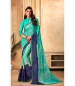 Turqouise Blue Georgette Printed and Fancy Lace Border Designer Saree