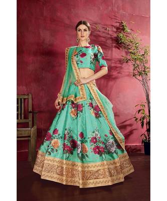 Wedding Embroidery Green Art Silk Designer Lahengha 1
