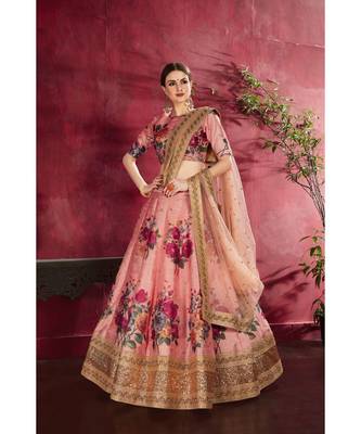 Wedding Embroidery Peach Art Silk Designer Lahengha 1