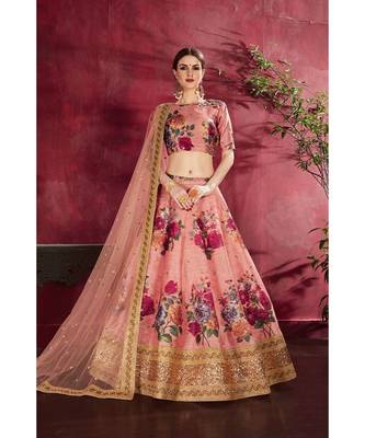 Wedding Embroidery Peach Art Silk Designer Lahengha 3