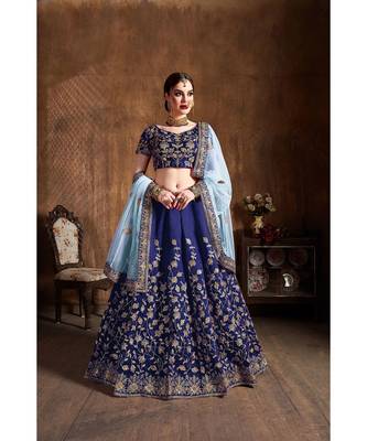 Wedding Embroidery Navy Blue Tafeta Designer Lehenga 1