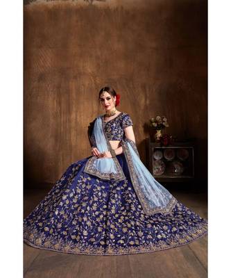 Wedding Embroidery Navy Blue Tafeta Designer Lehenga 2
