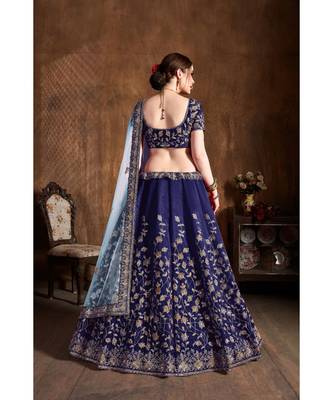 Wedding Embroidery Navy Blue Tafeta Designer Lehenga 3