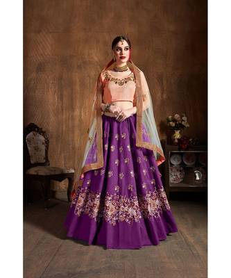 Wedding Embroidery Purple Banglory Silk Designer Lehenga 1