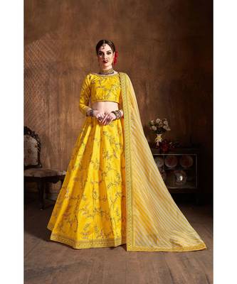 Wedding Embroidery Yellow Banglory Silk Designer Lehenga 1