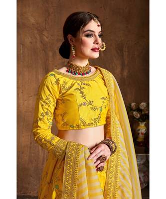 Wedding Embroidery Yellow Banglory Silk Designer Lehenga 2