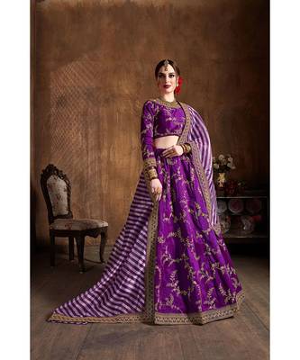 Wedding Embroidery Purple Banglory Silk Designer Lehenga 1