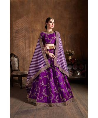 Wedding Embroidery Purple Banglory Silk Designer Lehenga 2