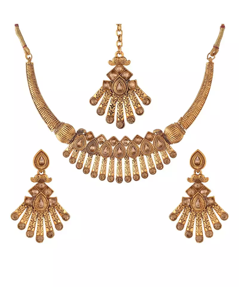Traditional Gold Plated Stone Studded Choker Jewellery Set Earring With Maang Tikka For Women