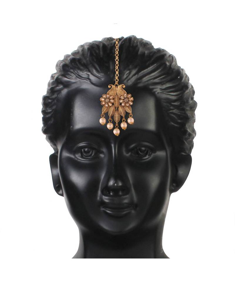 Traditional Gold Plated Stone Studded Pearl Choker Jewellery Set Earring With Maang Tikka For Women