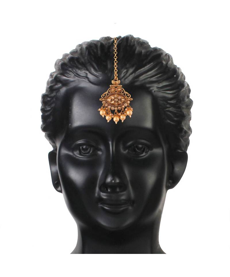 Traditional Gold Plated Stone Studded Pearl Choker Jewellery Set Earring With Maang Tikka For Women