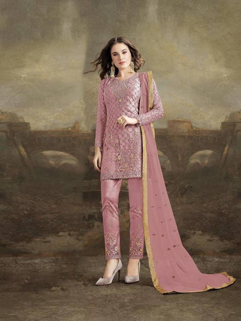 Light Pink Brown Super Net Pakistani Style Salwar Suit
