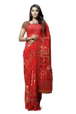 Red printed georgette saree with blouse 1