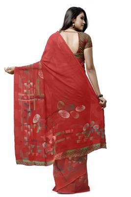Red printed georgette saree with blouse 2