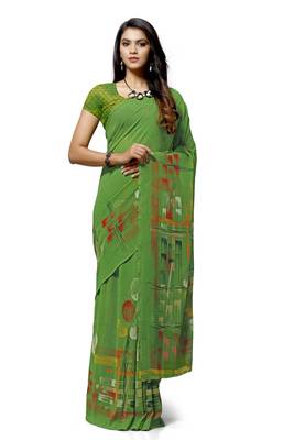 Green printed georgette saree with blouse 1
