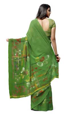 Green printed georgette saree with blouse 2