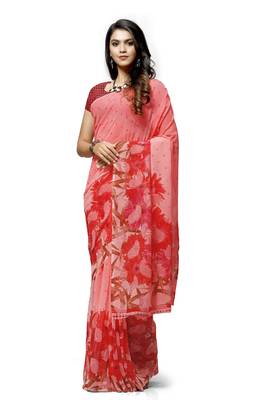 Pink printed georgette saree with blouse 1