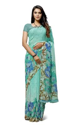Turquoise printed georgette saree with blouse 1