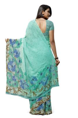Turquoise printed georgette saree with blouse 2