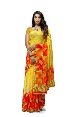 Yellow printed georgette saree with blouse 1