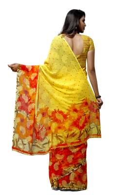 Yellow printed georgette saree with blouse 2