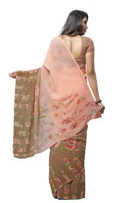 Peach printed georgette saree with blouse 2