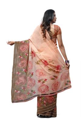 Peach printed georgette saree with blouse 2