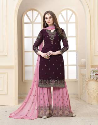 Eid Special Wine Embroidered Faux Georgette Sharara Suit Semi Stitched 1