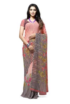 Pink printed georgette saree with blouse 1