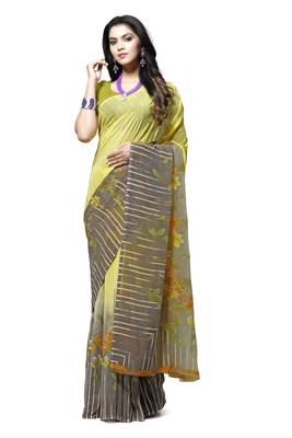 Yellow printed georgette saree with blouse 1