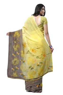 Yellow printed georgette saree with blouse 2