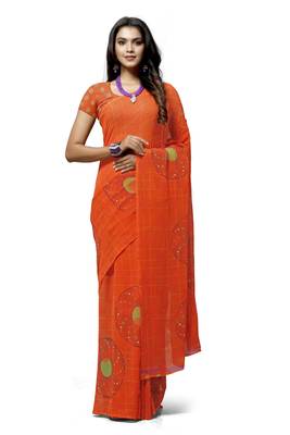 Orange printed georgette saree with blouse 1