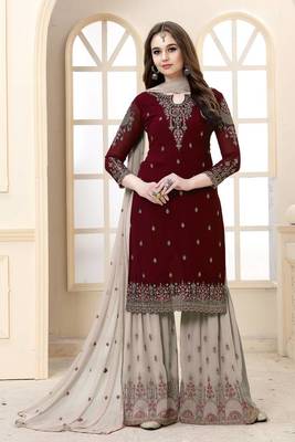 Eid Special Maroon Embroidered Faux Georgette Semi Stitched Sharara Suit Semi Stitched 1