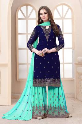 Eid Blue Embroidered Faux Georgette Sharara Suit Semi Stitched 1