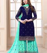 Eid Blue Embroidered Faux Georgette Sharara Suit Semi Stitched