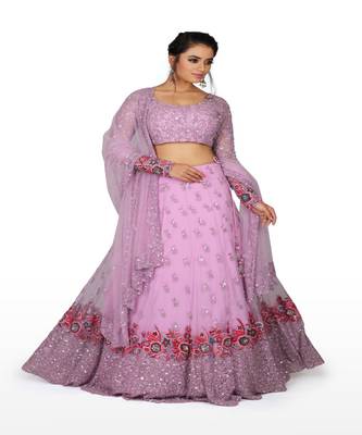 Lavender Machine & Hand Work Net Ethnic With Blouse 1