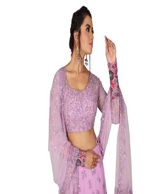 Lavender Machine & Hand Work Net Ethnic With Blouse 3