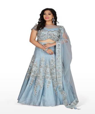 Sky Blue Hand Work Silk Ethnic With Blouse 1