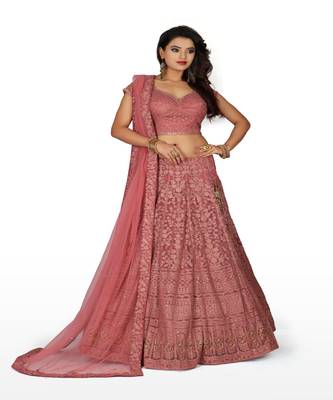 Onion Pink Machine Work Georgette Ethnic With Blouse 1
