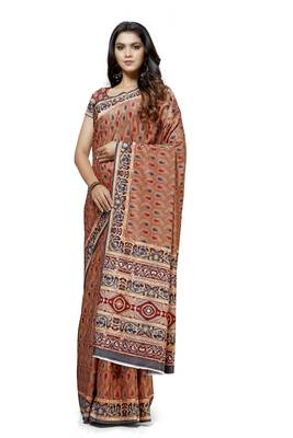 Brown printed tussar silk saree with blouse 1