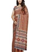 Brown printed tussar silk saree with blouse
