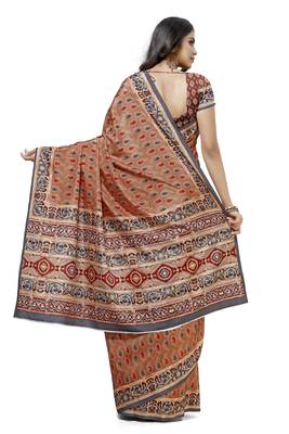 Brown printed tussar silk saree with blouse 2