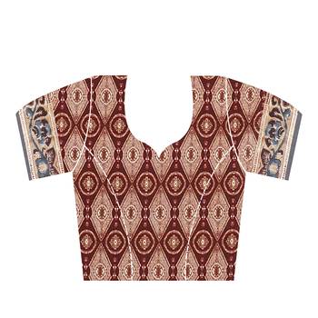 Brown printed tussar silk saree with blouse 4